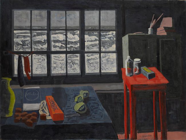 a painting of a blue table with objects on top in front of a window with stormy sea. Next to the table is a small red table.