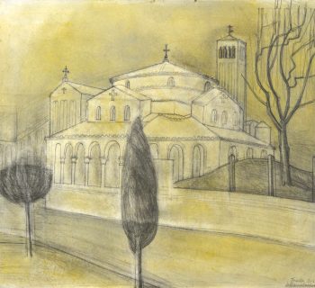 A pencil line drawing of a church building with trees in foreground with yellow wash