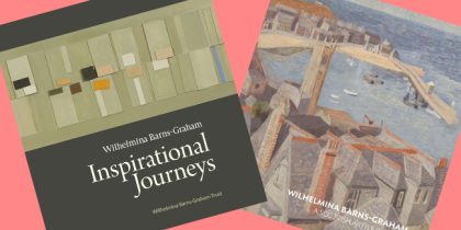 Two catalogue covers on a pink background