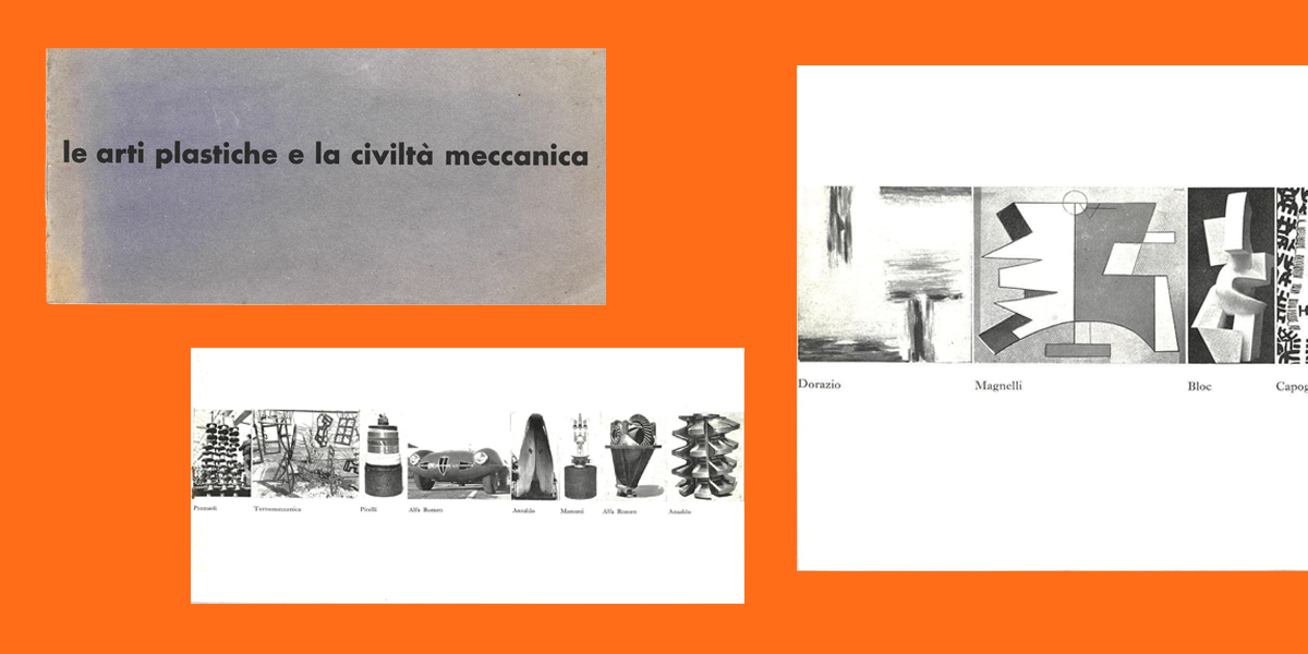 three pages of an exhibition catalogue: the blue cover with text le arti plastiche e la civilta meccanica; two pages with black and white photos of artworks by artists in the exhibition