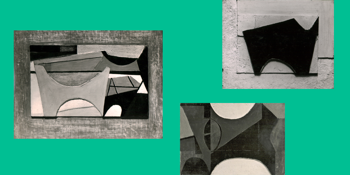 Three black and white photos of geometric abstract reliefs