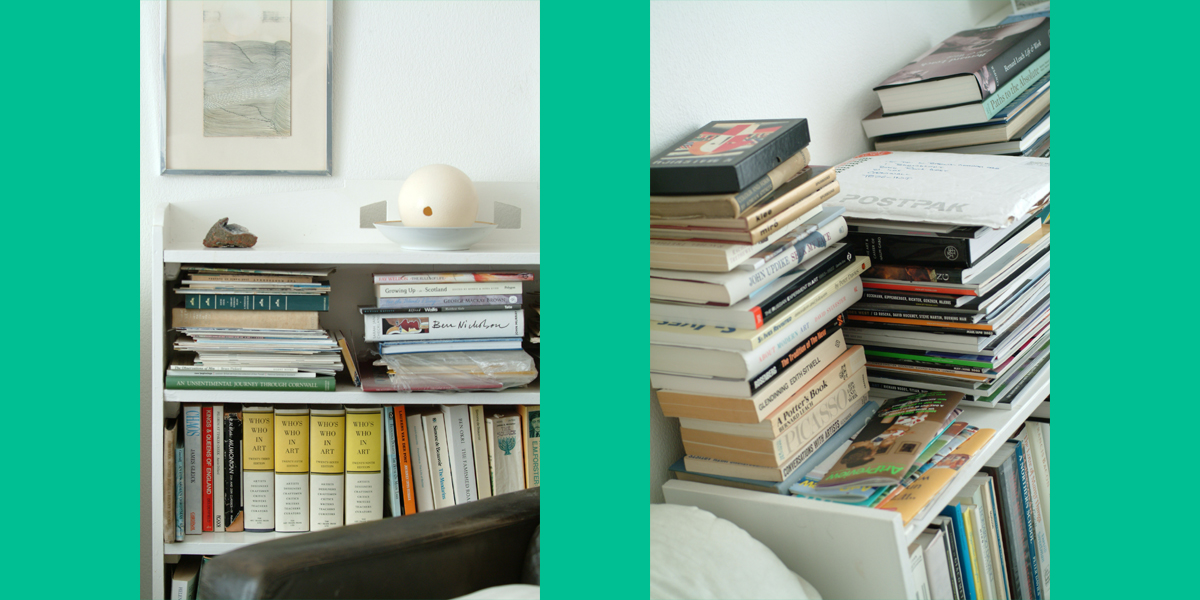 Two colour photos of filled bookshelves