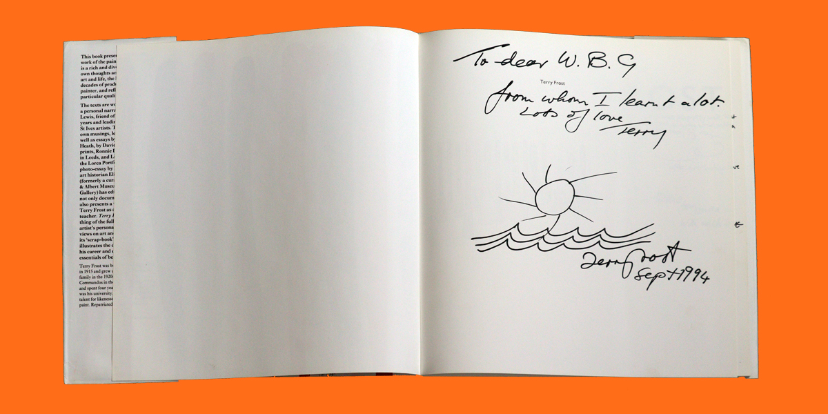 An inscription inside a book reads 'To dear W.B.G. from whom I learnt a lot. Lots of love Terry'