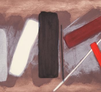 A colour etching of thin blocks of colour in greys and reds on mauve background
