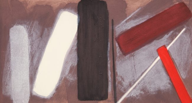 A colour etching of thin blocks of colour in greys and reds on mauve background