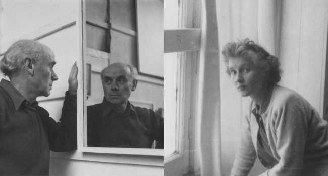 Two black and white photos of a man looking into a mirror and a women looking towards the camera next to a window