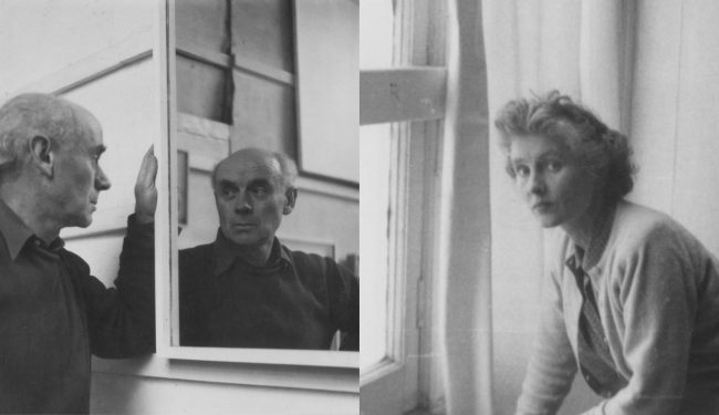 Two black and white photos of a man looking into a mirror and a women looking towards the camera next to a window