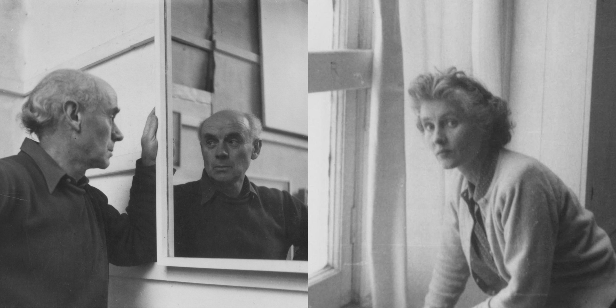 Two black and white photos of a man looking into a mirror and a women looking towards the camera next to a window