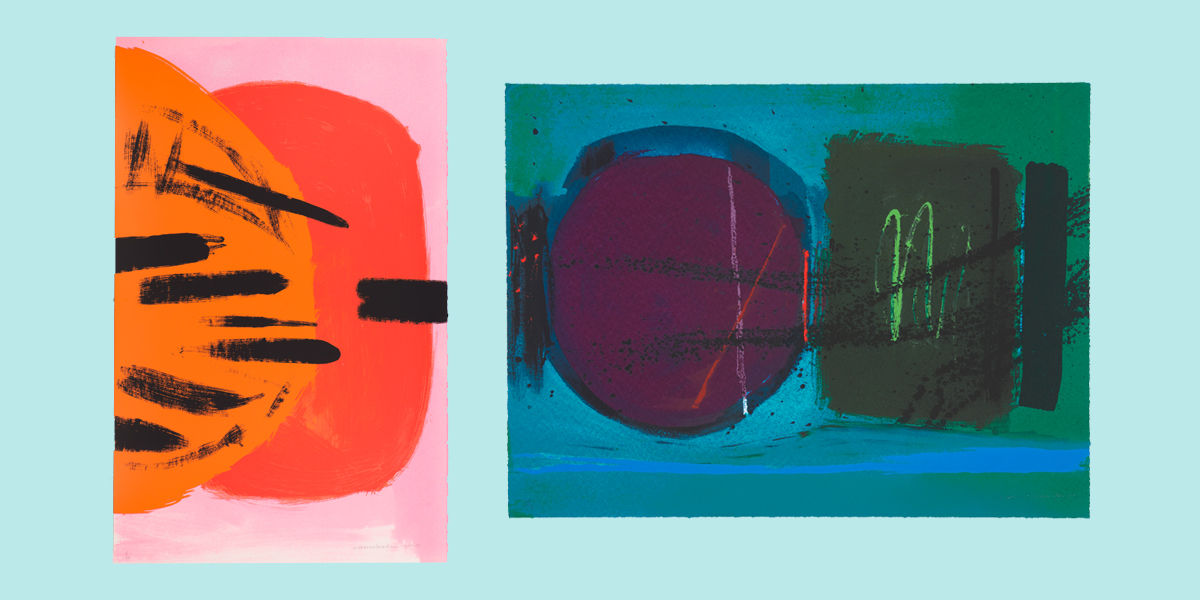 Two abstract screenprints. One has orange and red forms with short black lines on a pink background. One has purple circle and green rectangle on teal background
