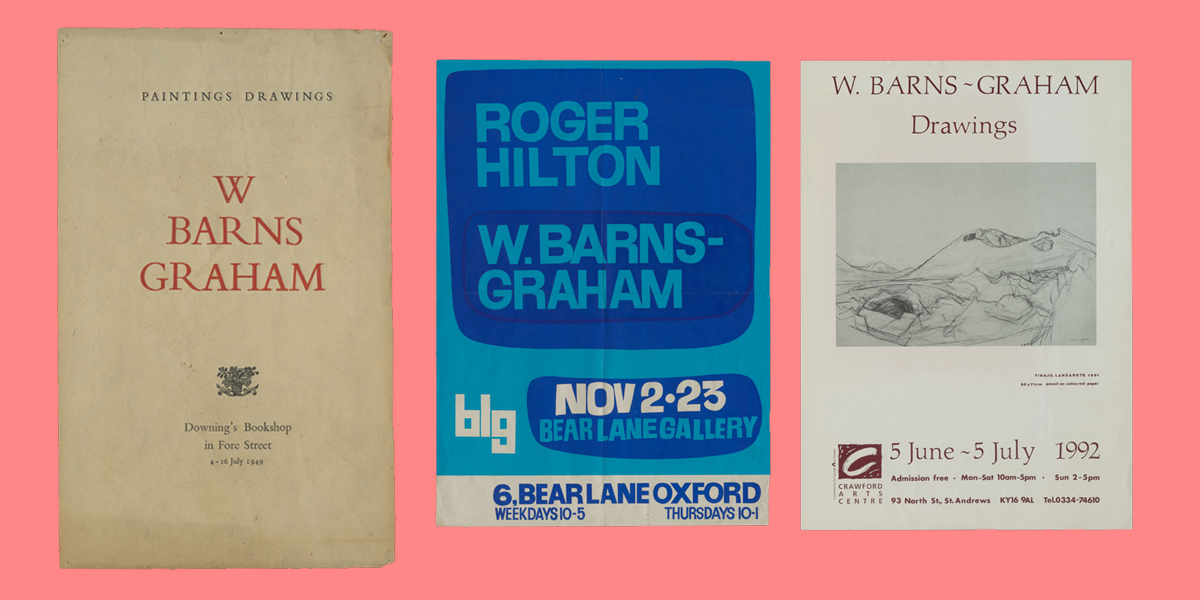 Three poster designs. From left to right, they read, 'W. Barns-Graham', 'Roger Hilton, W. Barns-Graham', 'W. Barns-Graham Drawings'