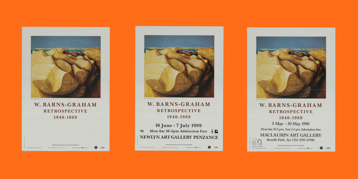 Three posters of the same design with a colour reproduction of an abstract painting of rocks with text below reading 'W. Barns-Graham Retrospective 1940-1989'