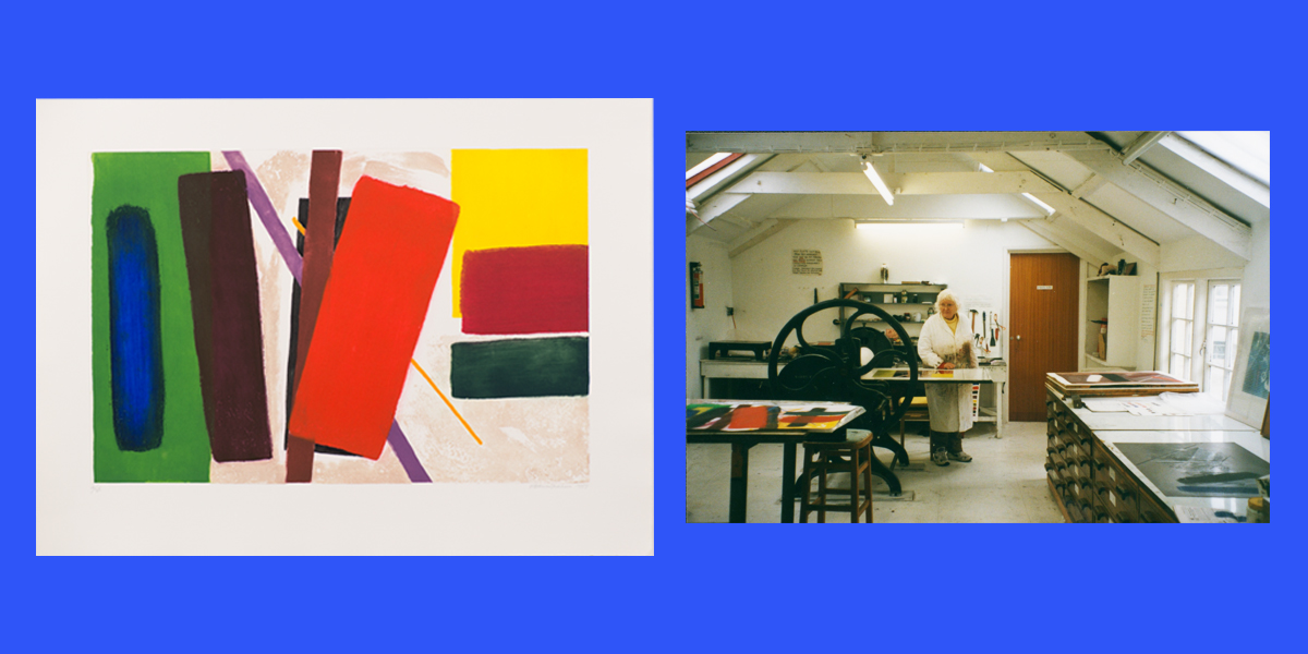 An abstract etching of blocks of colour and a colour photograph of Barns-Graham standing behind an etching press