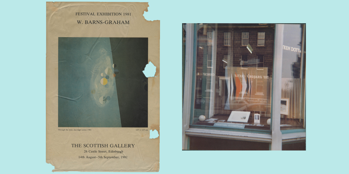 A poster design reads 'Festival Exhibition 1981 W. Barns-Graham' with colour reproduction of an abstract painting below; a colour photograph of a shop window
