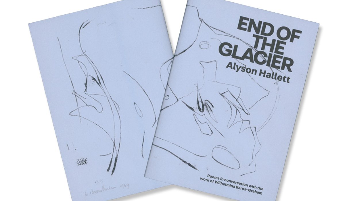 Front and back cover design of End of the Glacier publication with black abstract line drawing on pale blue background