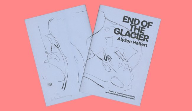 Front and back cover design of End of the Glacier publication with black abstract line drawing on pale blue background