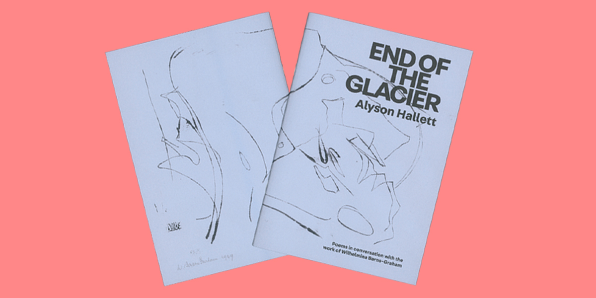 Front and back cover design of End of the Glacier publication with black abstract line drawing on pale blue background