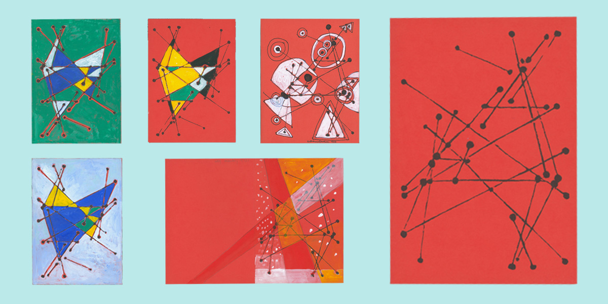 A selection of abstract Christmas card designs on red card, some with painted designs