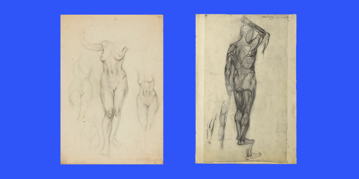 Two life drawings in charcoal. One headless female body and one male body from behind
