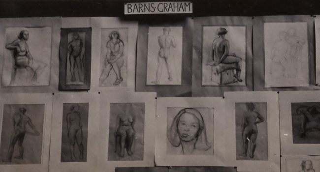 A black and white photo of life drawings pinned on a wall. A sign above them reads 'Barns-Graham'