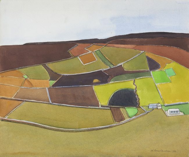 Landscape painting of fields of different shapes and sizes in birght green, olive green and brown with pale blue sky