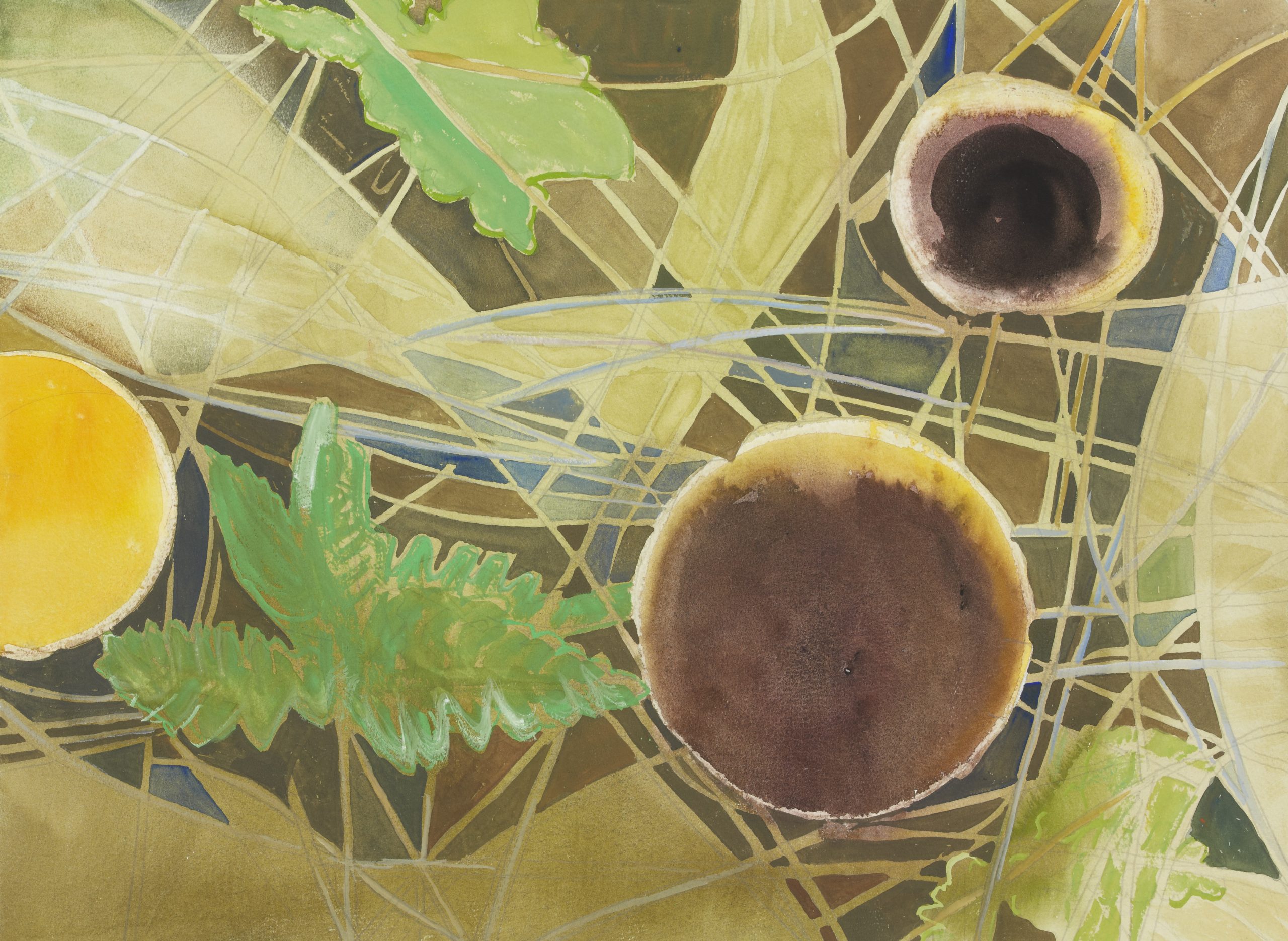 Painting with yellow semicircle at left edge and two brown circles in right hald with green background made of up of leaf and grid shapes