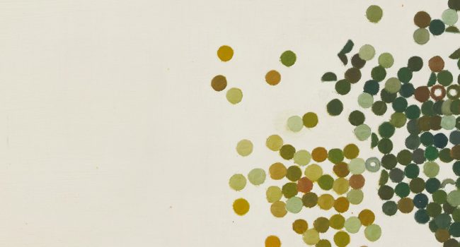Beige background with cluster of small circles in various greens at right hand edge